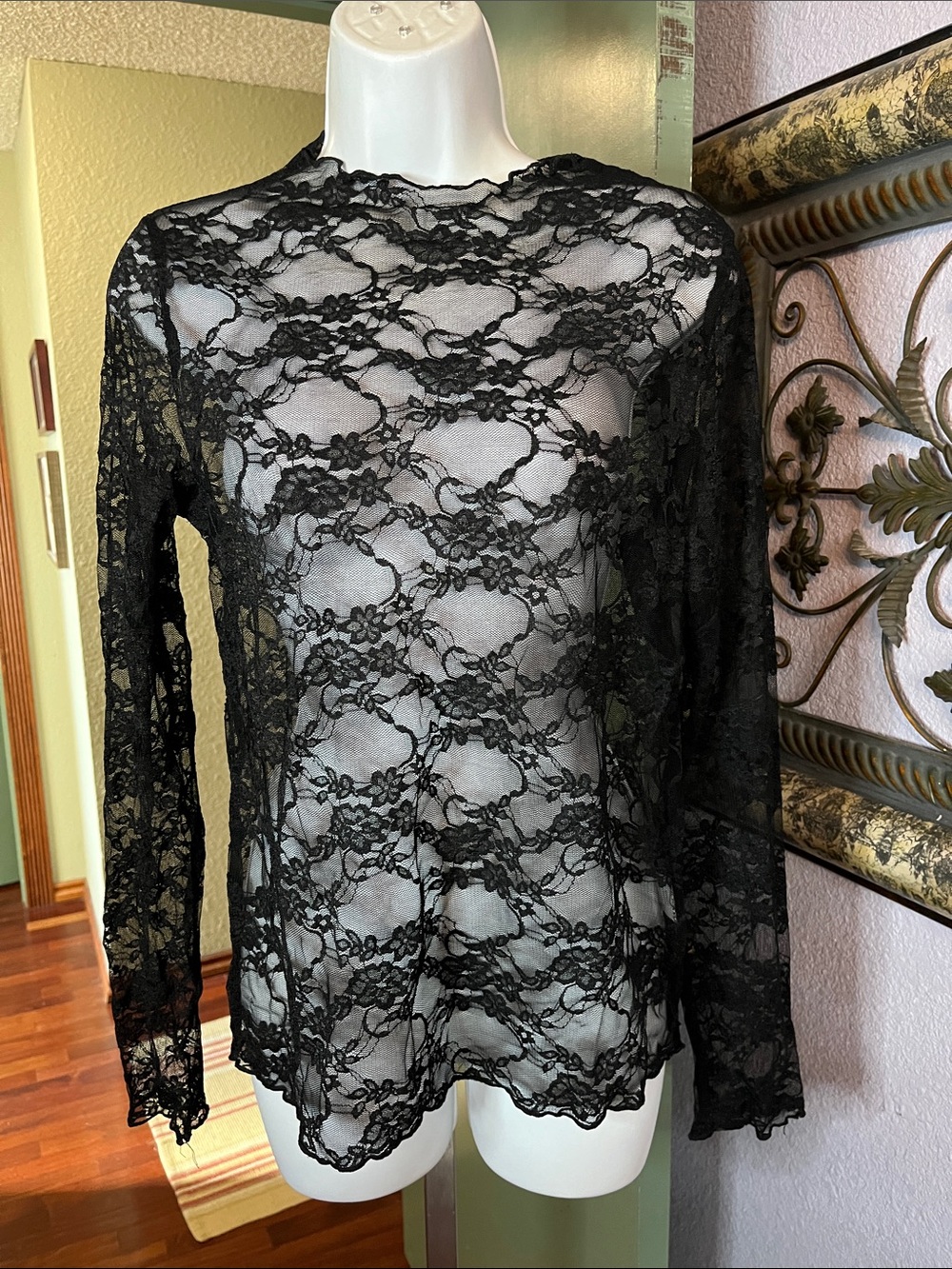 Emerson Lang  Black Lace Long-Sleeve Sheer Top Sz XL